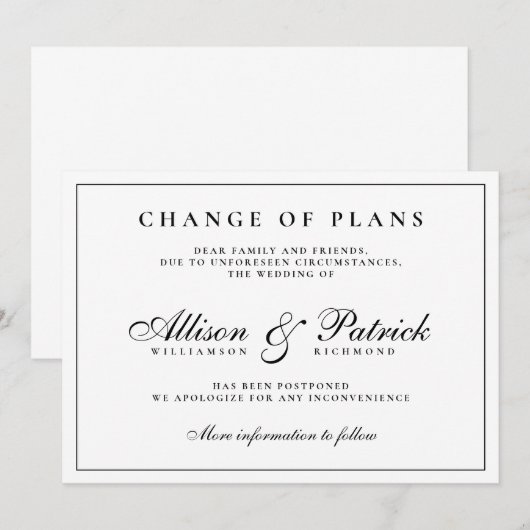 Minimalistische uitstel trouwdatum zwart-wit aankondiging (Voorkant / Achterkant)