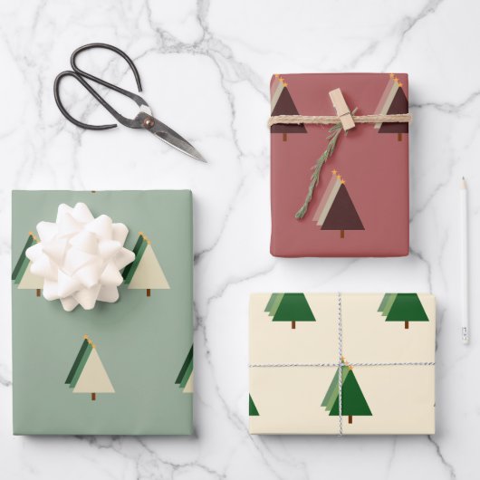 Minimalistische vakantie kerstboom groene rode roo inpakpapier vel (Voorkant)