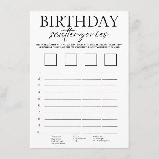 Minimalistische verjaardagscattergorieën spelkaart informatiekaartje (Voorkant)