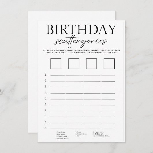 Minimalistische verjaardagscattergorieën spelkaart informatiekaartje (Voorkant / Achterkant)