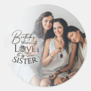 Minimalistische verjaardagsfoto kalligrafie zus  ronde sticker