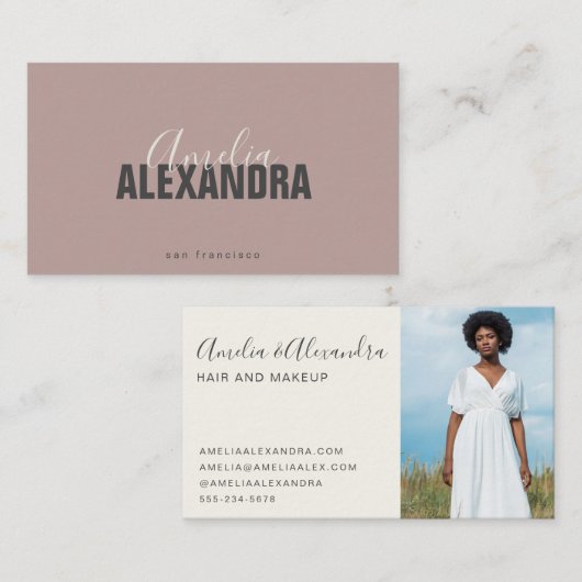 Minimalistische Vet Script Boho Chic Mauve Foto Visitekaartje (Voorkant / Achterkant)