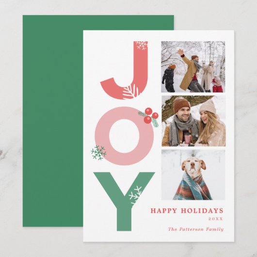 Minimalistische Vet Script Joy 3 Foto Collage Fami Feestdagenkaart (Voorkant / Achterkant)