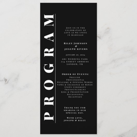 Minimalistische vet zwart-wit bruiloft programma's (Voorkant)