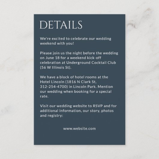 Minimalistische vetgedrukte tekst markeert bruilof informatiekaartje (Voorkant)