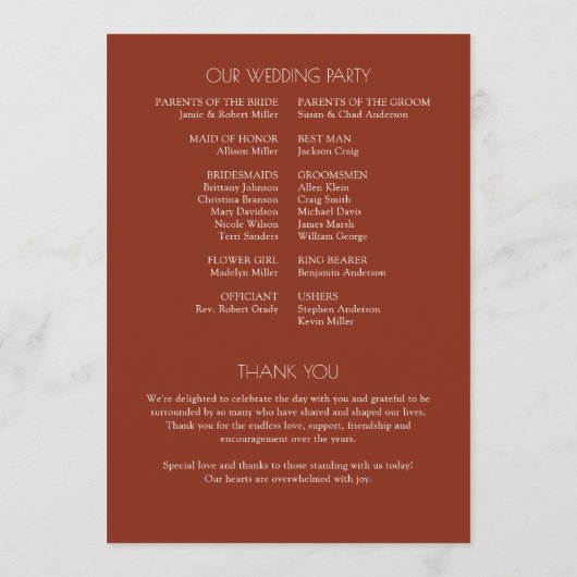 Minimalistische vetgedrukte tekst markeert bruilof programmakaart (Achterkant)