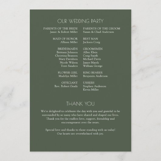 Minimalistische vetgedrukte tekst markeert bruilof programmakaart (Achterkant)