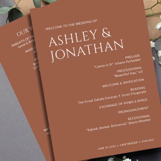 Minimalistische vetgedrukte tekst markeert bruilof programmakaart