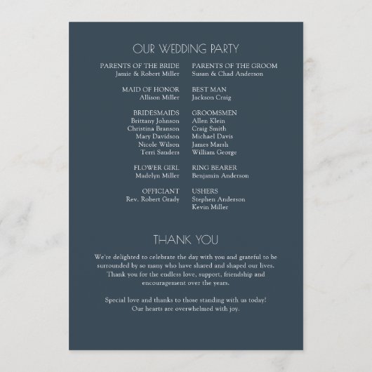 Minimalistische vetgedrukte tekst markeert bruilof programmakaart (Achterkant)