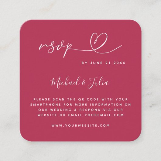 Minimalistische Viva Magenta Heart QR Code Weddens Informatiekaartje (Voorkant)