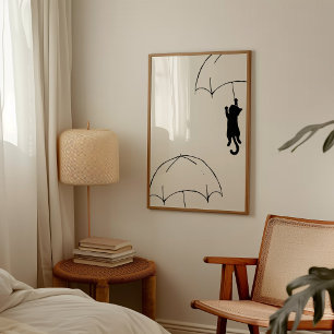 Minimalistische Vliegende Zwarte Kat met Paraplu M Poster