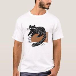 Minimalistische volkskunst zwarte kat zittend op e t-shirt