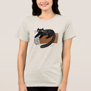 Minimalistische volkskunst zwarte kat zittend op e Tri-Blend shirt