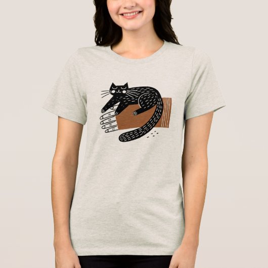 Minimalistische volkskunst zwarte kat zittend op e Tri-Blend shirt (Voorkant)