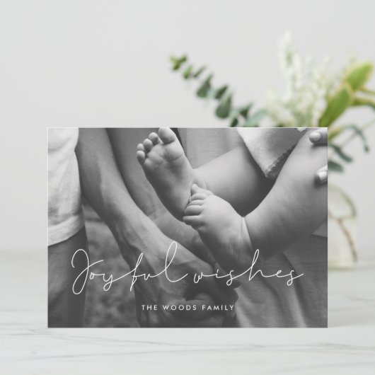 Minimalistische vreugdevolle wensen overlay foto feestdagenkaart (Staand voorkant)