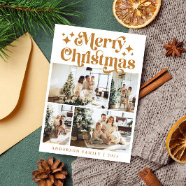 Minimalistische vrolijke kerst 4 foto retro geel feestdagenkaart