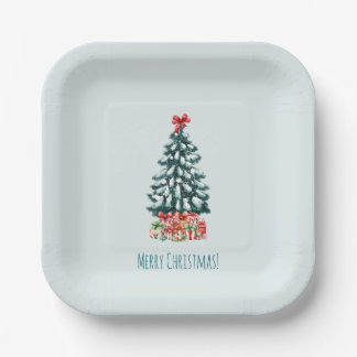 Minimalistische vrolijke kerst besneeuwde boom papieren bordje