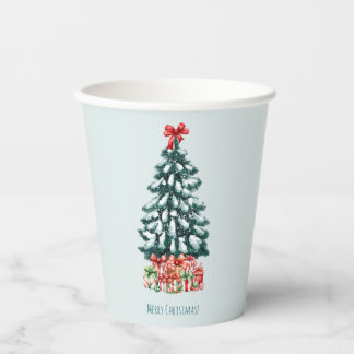 Minimalistische vrolijke kerst besneeuwde dennenbo papieren bekers