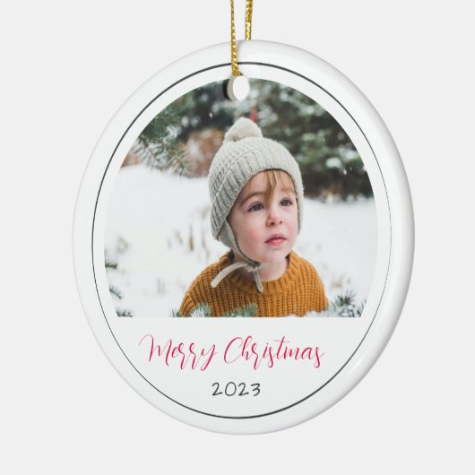 Minimalistische vrolijke kerstscript foto keramisch ornament (Links)
