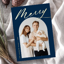 Minimalistische vrolijke Navy en Goud Schrift 2 Fo Folie Feestdagenkaart