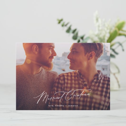 Minimalistische vrolijke twee foto kerstkalligrafi feestdagenkaart (Staand voorkant)