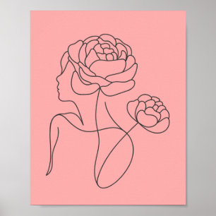 Minimalistische vrouw en pioenbloem lijnkunstposte poster