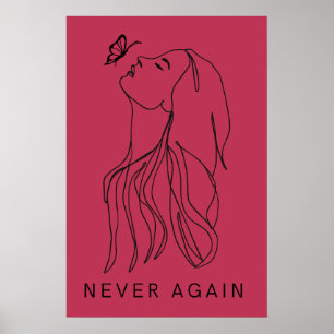 Minimalistische vrouw en vlinder fuchsia lijnkunst poster