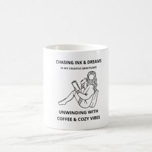 MINIMALISTISCHE VROUW LEZEN & KOFFIE LIJN KUNST PO KOFFIEMOK