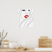 Minimalistische vrouw met rode lippen lijnkunst poster (Keuken)