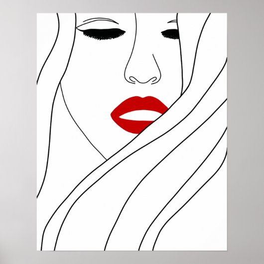 Minimalistische vrouw met rode lippen lijnkunst poster (Voorkant)