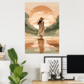 Minimalistische vrouw wandelen Sunset Landscape Po Poster (Thuiskantoor)