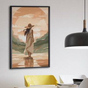 Minimalistische vrouw wandelt landschap zonsonderg poster
