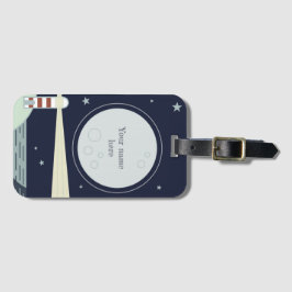 Minimalistische vuurtoren met maan en sterren bagagelabel