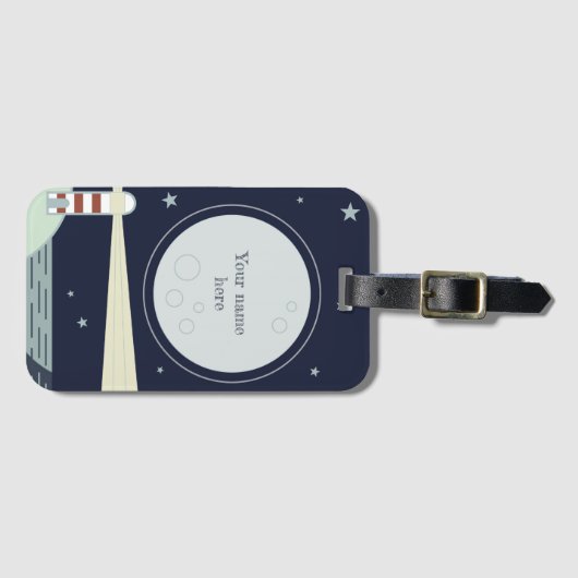 Minimalistische vuurtoren met maan en sterren bagagelabel (Voorkant (horizontaal))