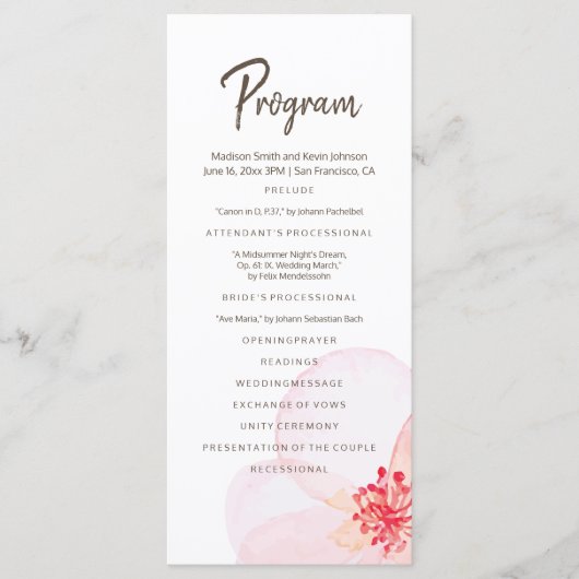 Minimalistische + Watercolor Bloemen Bruiloft Programmakaart (Voorkant)