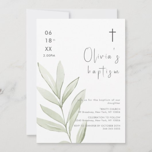 Minimalistische waterverf bladeren kruis doop kaart (Voorkant)
