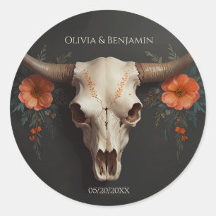 Minimalistische Waterverf Bloemen Koe Schedel Wedd Ronde Sticker