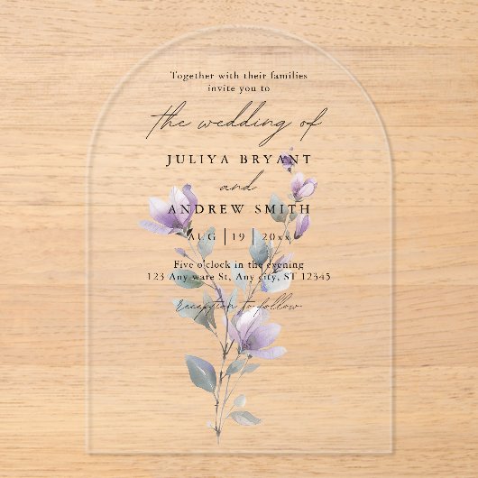 Minimalistische waterverf bloemenscript bruiloft acryl uitnodigingen (Voorkant)