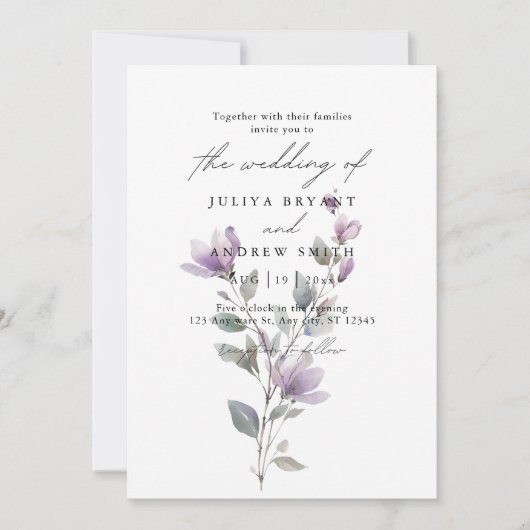 Minimalistische waterverf bloemenscript bruiloft kaart (Voorkant)