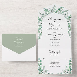 Minimalistische Waterverf Eucalyptus Wedding All In One Uitnodiging