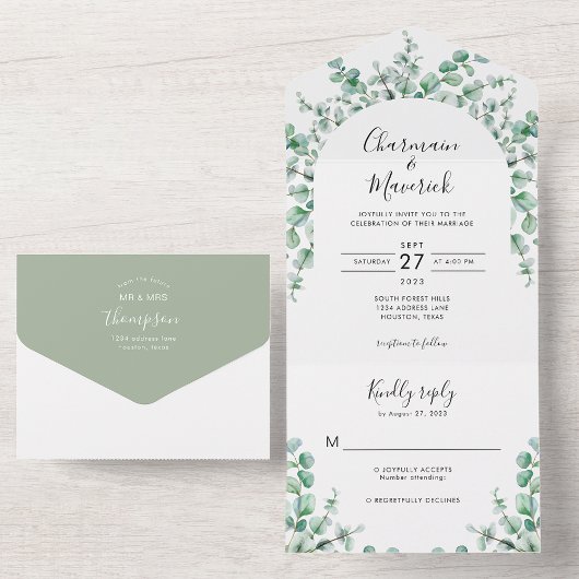 Minimalistische Waterverf Eucalyptus Wedding All In One Uitnodiging