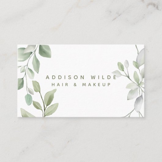 Minimalistische Waterverf Greenery Make-up Artist Visitekaartje (Voorkant)