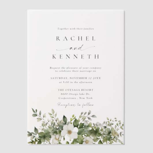 Minimalistische Waterverf Groen Moderne bruiloft Vellum Uitnodigingen (Voorkant)