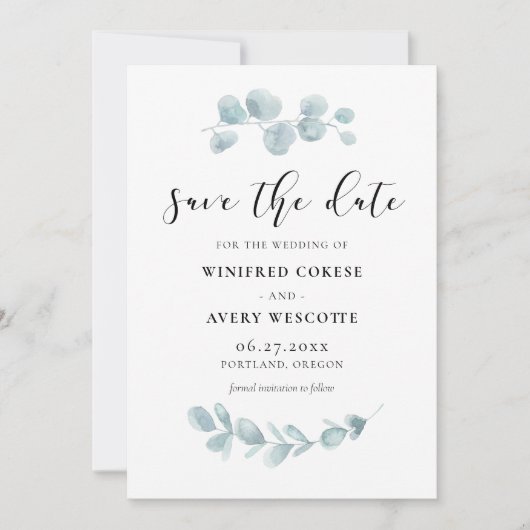 Minimalistische waterverf groen save the date (Voorkant)