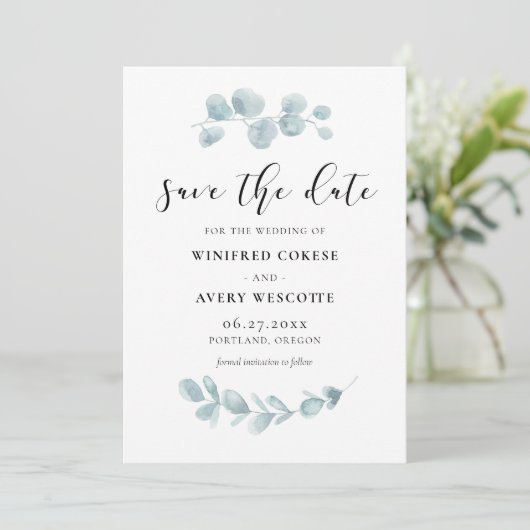 Minimalistische waterverf groen save the date (Staand voorkant)