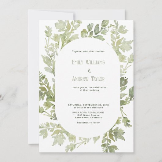 Minimalistische waterverf groene trouwuitnodiging kaart (Voorkant)
