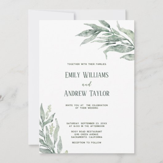 Minimalistische waterverf groene trouwuitnodiging kaart (Voorkant)