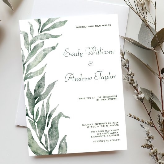 Minimalistische waterverf groene trouwuitnodiging kaart