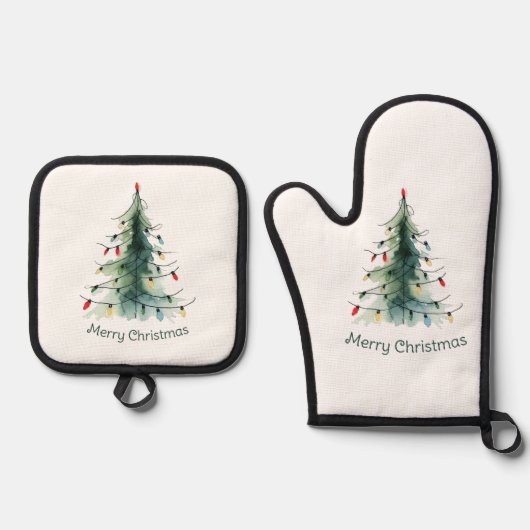 Minimalistische Waterverf kerstboom Ovenwant & Pannenlap Set (Voorkant)