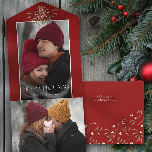 Minimalistische Waterverf Mistletoe Kerstfoto All In One Uitnodiging